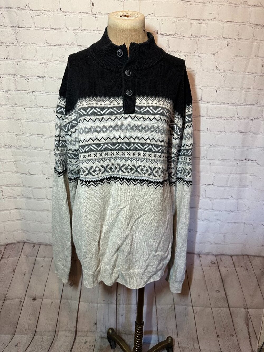 Chaps Fair Isle Black and cream Button Neck Sweater Size XL